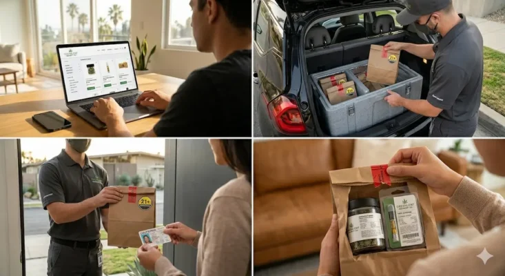 How does weed delivery work in Los Angeles — four steps showing ordering online, secure lockbox loading, California ID verification, and receiving cannabis order , Moonrock Online Shop 2026