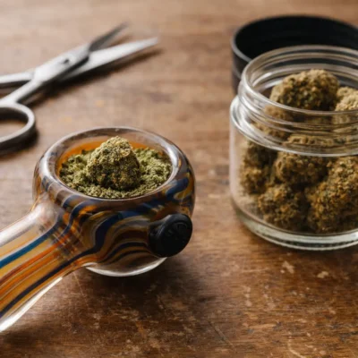 Glass bowl pipe with regular cannabis flower topped with a real moonrock nug, scissors and jar of moonrocks on wooden table
