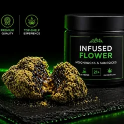 Infused flower moonrocks and sunrocks on black background with neon green lighting