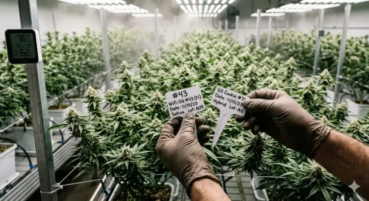 Jungle Boys cannabis Los Angeles — pheno hunter holding WiFi OG number 43 and GS Cookie plant tags inside large indoor grow facility