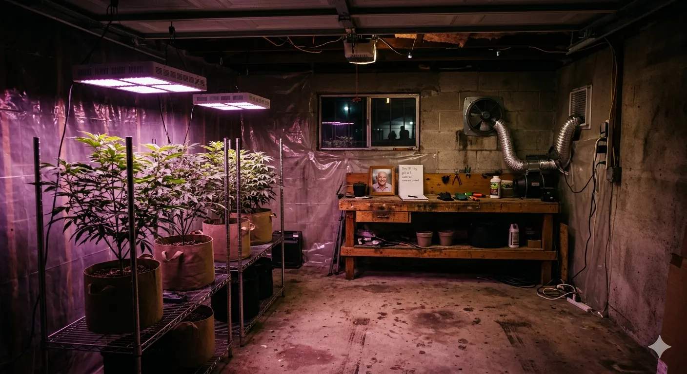 ungle Boys delivery Los Angeles origin — early cannabis garage grow setup under LED lights where Ivan Vanorwick started the Jungle Boys