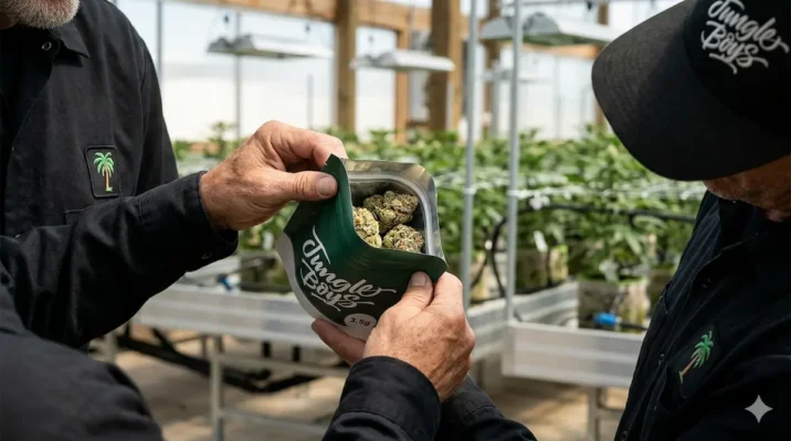 Jungle Boys Guide - Authentic 3.5g Flower Bag being inspected at cultivation facility.
