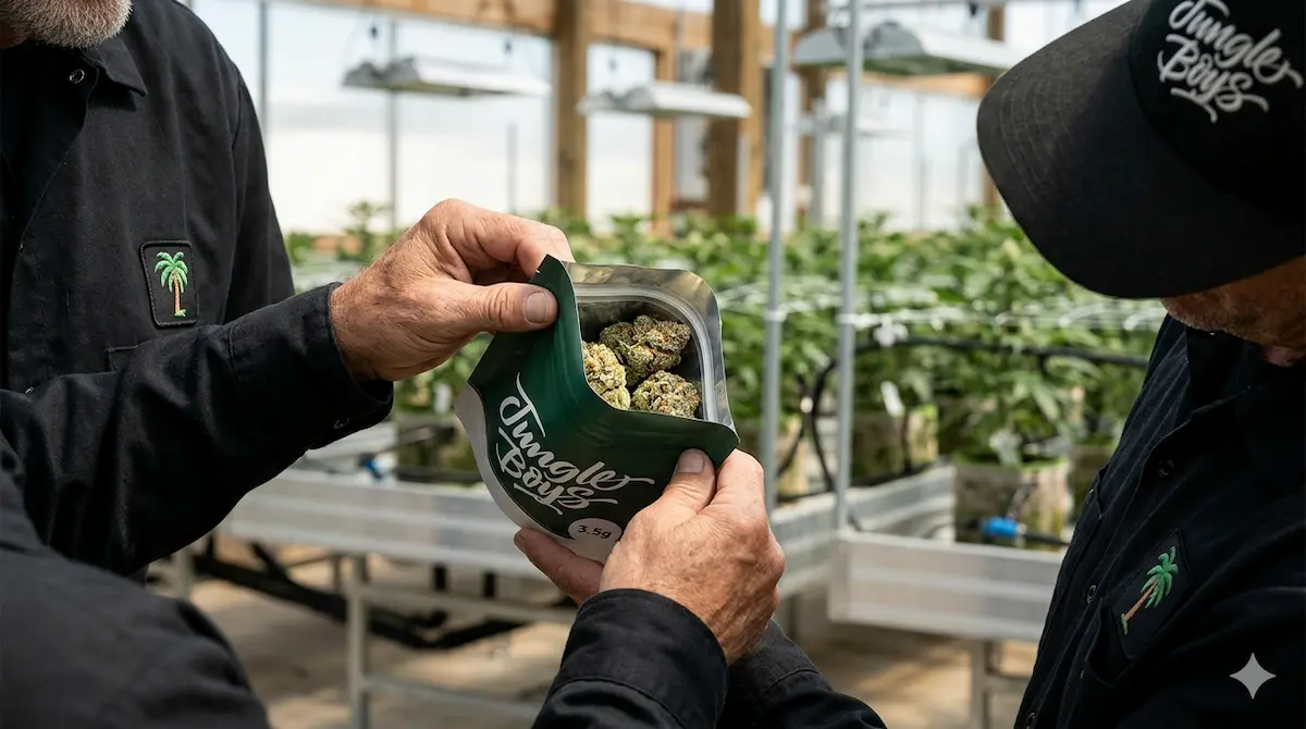 Jungle Boys Guide - Authentic 3.5g Flower Bag being inspected at cultivation facility.