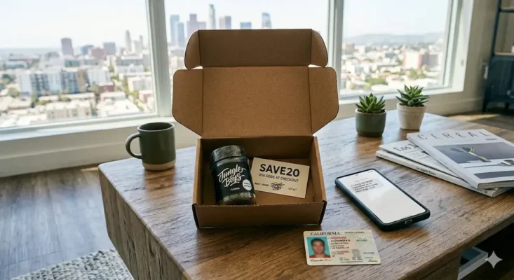 Jungle Boys weed delivery Los Angeles — open delivery box with Jungle Boys flower jar, SAVE20 discount card, California ID and phone with LA skyline view