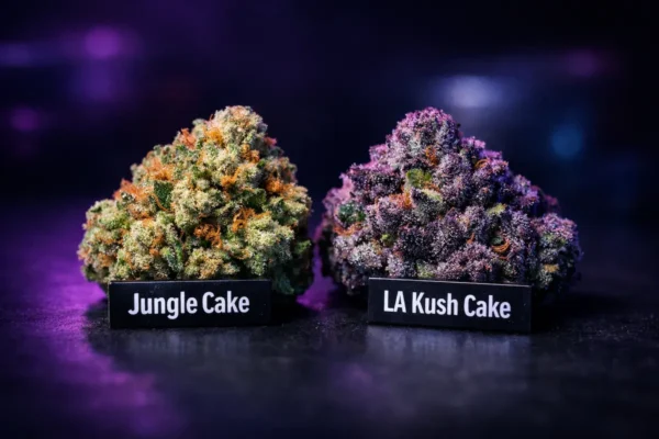 Close-up product photo of Jungle Cake and LA Kush Cake cannabis flower nugs on a dark matte surface with purple and blue neon lighting.