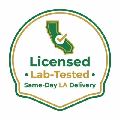 Licensed lab-tested same day Los Angeles cannabis delivery badge with California outline and checkmark