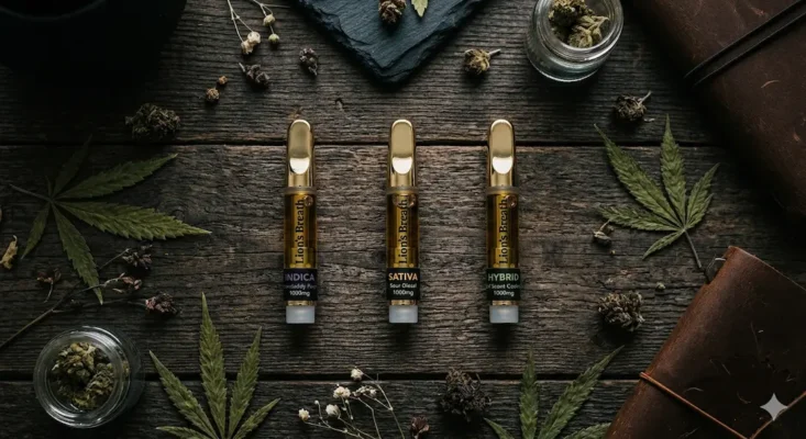 A top-down, flat lay photograph featuring a lineup of three Lion's Breath THC vape cartridges labeled "Indica," "Sativa," and "Hybrid." The gold-tipped cartridges are arranged side-by-side on a rustic, dark wood surface. Scattered around the products are dried cannabis flower buds, green cannabis leaves, and small jars, all set against a moody, premium lifestyle background with leather-bound journals.