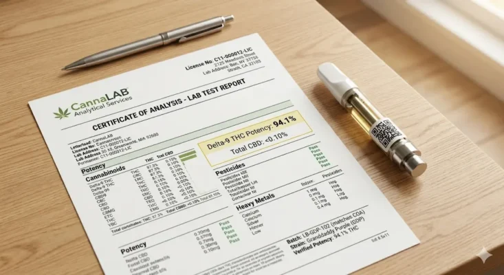 A professional flat lay photograph featuring a Certificate of Analysis (COA) lab report document on a light-colored wooden desk. A gold-tipped Lion's Breath cannabis vape cartridge is placed neatly next to the report. The document is clearly legible, showing a "94% THC" potency result and a "PASS" status for safety screenings like pesticides and heavy metals. Soft, natural light from a window illuminates the scene, creating a trustworthy and premium feel.