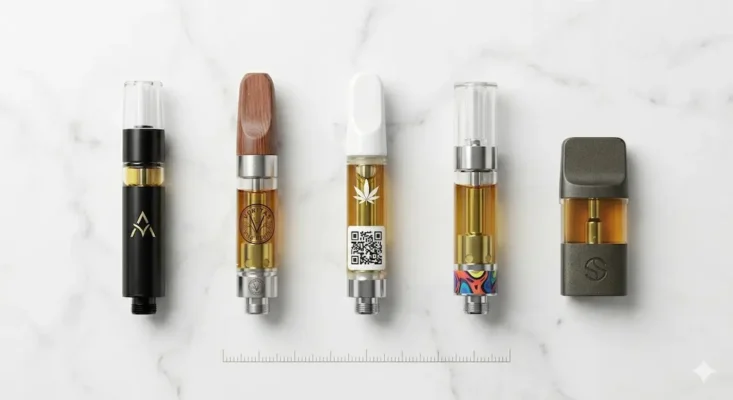 A high-quality, top-down flat lay photograph of five different premium cannabis vape cartridges lined up neatly in a row on a smooth, white marble surface. The cartridges feature diverse designs, including metallic gold, polished silver, and natural wood mouthpieces, each filled with varying shades of clear, golden-amber oil. Bright, professional studio lighting reflects off the marble and glass, creating a clean, high-end commercial aesthetic.