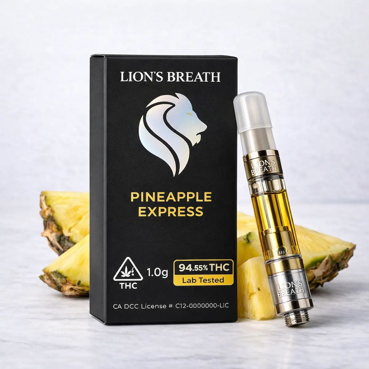 Pineapple Express Lions Breath 1g vape cartridge with black packaging lab tested 94.55 THC