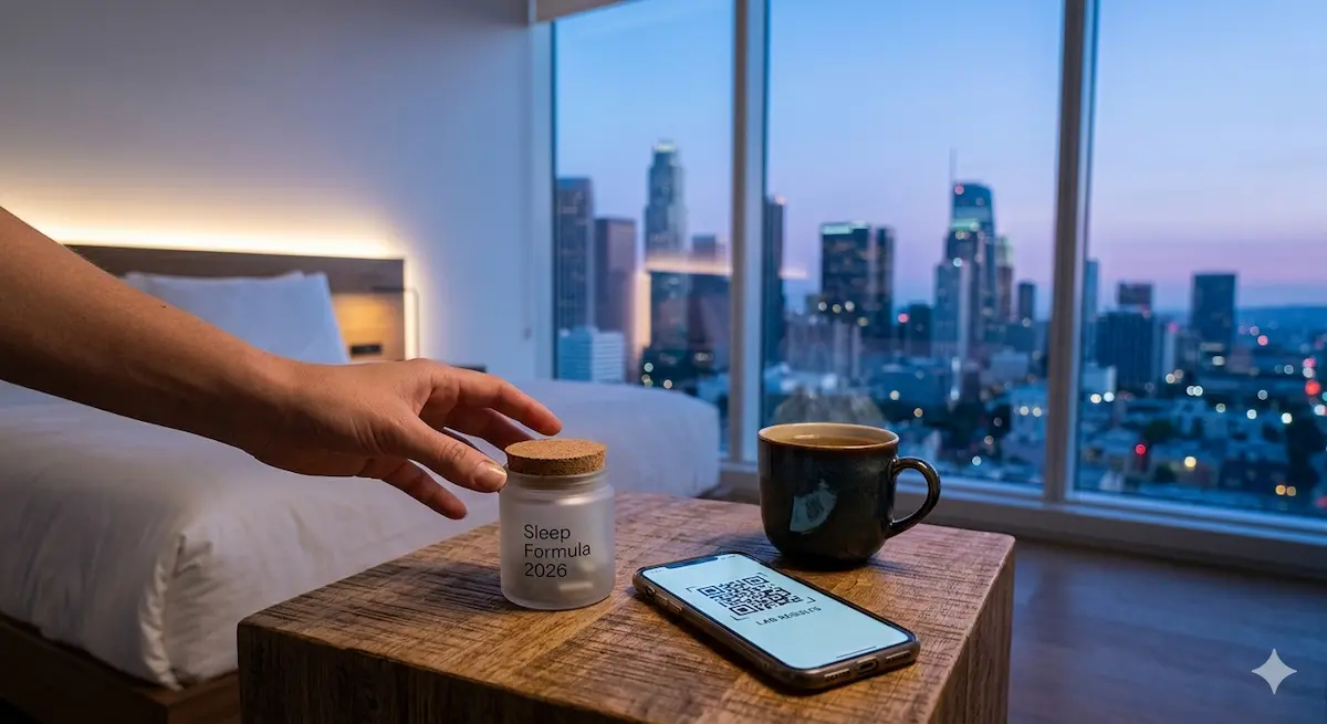 Cannabis for sleep in Los Angeles — lab QR code and LA skyline, Moonrock Online Shop