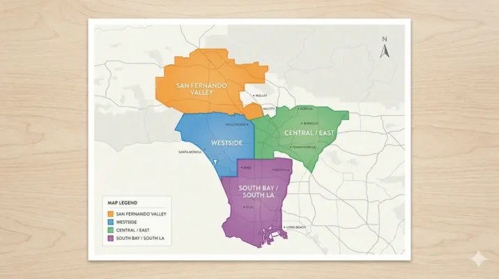 Los Angeles cannabis delivery service areas map showing San Fernando Valley, Westside, Central East, and South Bay South LA regions
