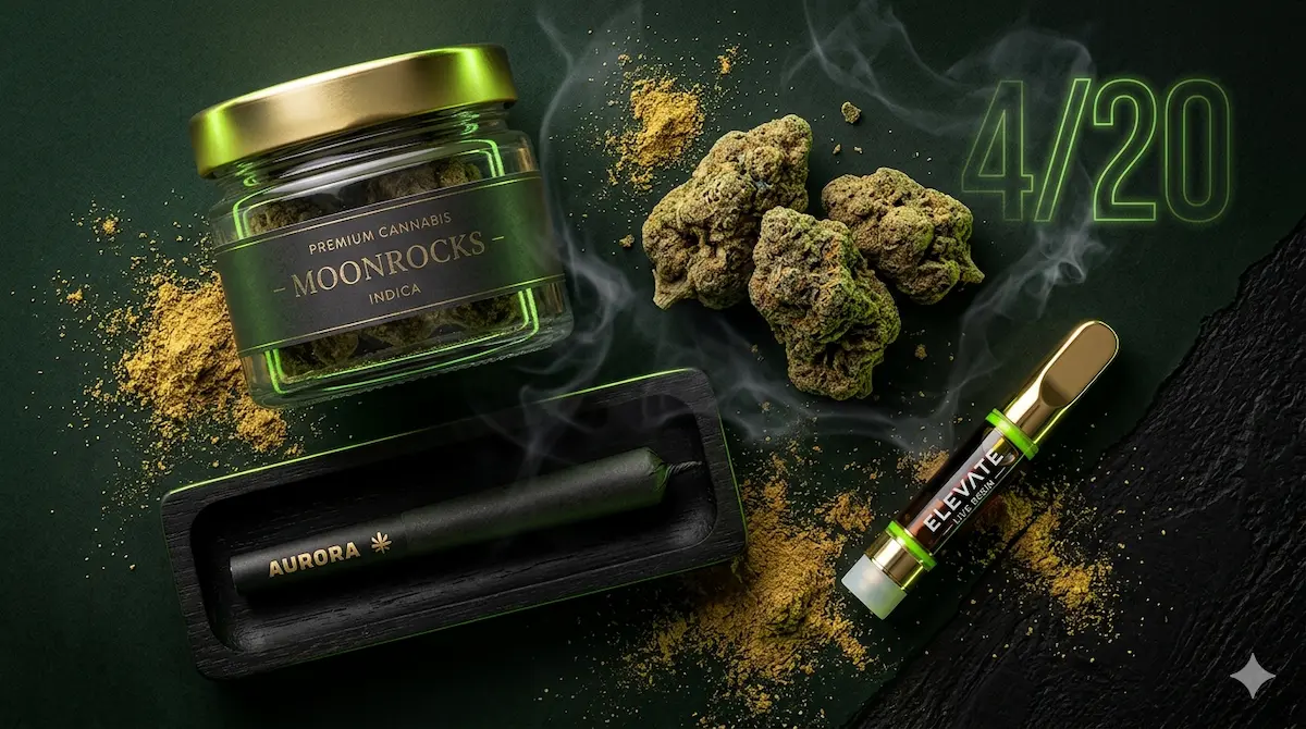 A luxury, dark-themed cannabis flat lay featuring moonrock nugs, a premium glass jar with a gold lid, a black pre-roll, and a modern vape cartridge. The scene is set against a deep forest green and black background with lime green neon accents, artistic kief dust, subtle smoke wisps, and a neon "4/20" element.