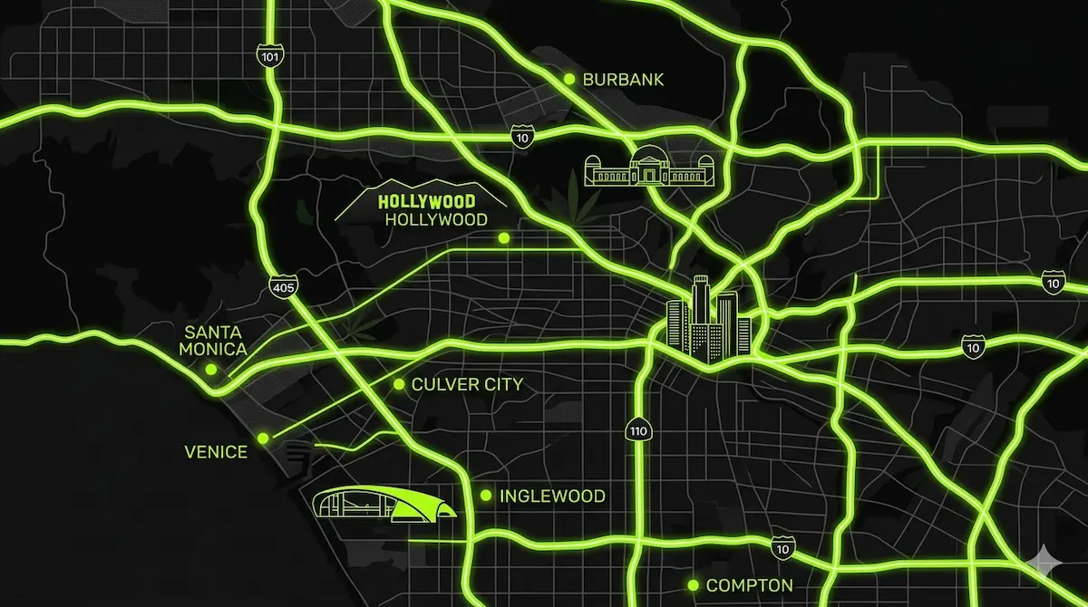 Cannabis delivery Los Angeles map — Moonrock service zones from Santa Monica to Compton, including Hollywood, Burbank, Culver City, Venice, and Inglewood