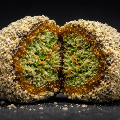 Macro cross-section of a moonrock cannabis nug showing layered structure with green flower center, amber oil coating, and outer kief shell
