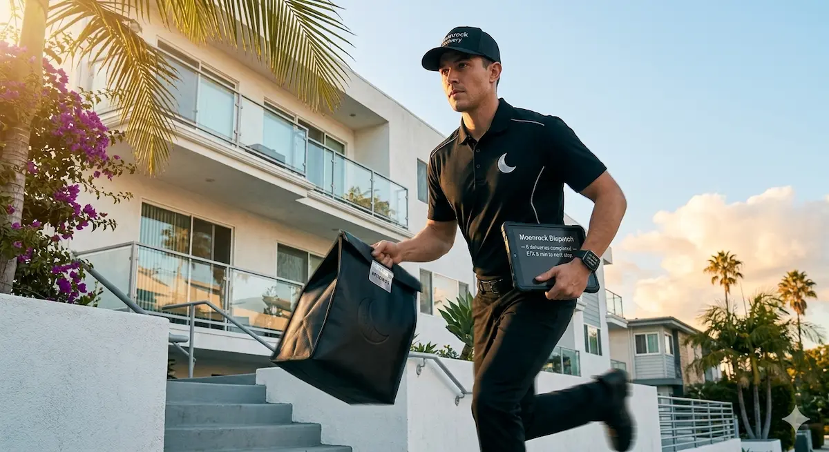 Moonrock Delivery driver in branded black uniform and cap running up steps of Los Angeles luxury home carrying insulated delivery bag and dispatch tablet showing completed deliveries and ETA