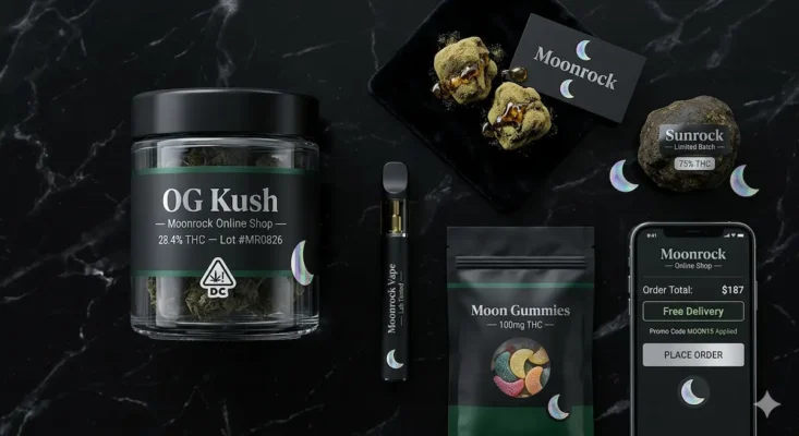 Moonrock Online Shop cannabis products Los Angeles — OG Kush jar, Moonrock vape, Moon Gummies 100mg, Sunrock 75% THC, and order app showing free delivery with MOON15 promo code — same-day delivery Los Angeles 2026
