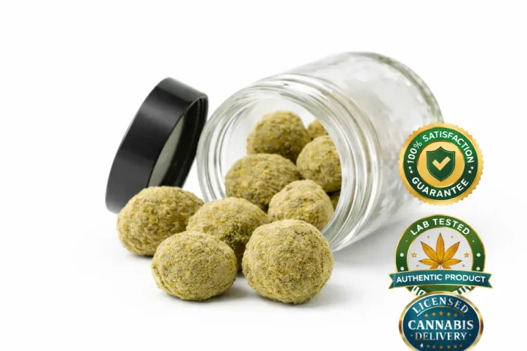 Cannabis moonrocks in a glass jar with lab tested and licensed delivery trust badges