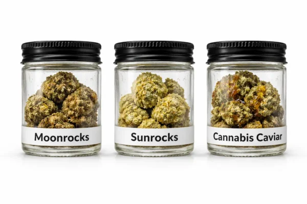 Three labeled glass jars comparing moonrocks, sunrocks, and cannabis caviar on a white background with different infused cannabis textures