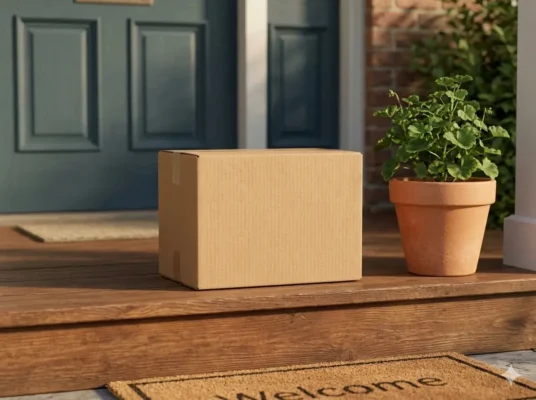 OG Kush Los Angeles delivery — discreet plain cardboard box delivered to front door by Moonrock Online Shop