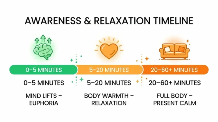 OG Kush Los Angeles effects timeline — mind lifts euphoria 0 to 5 minutes, body warmth relaxation 5 to 20 minutes, full body present calm 20 to 60 minutes