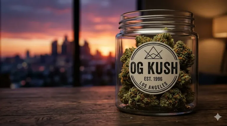 OG Kush Los Angeles — premium OG Kush flower jar Est 1996 with Los Angeles skyline sunset background