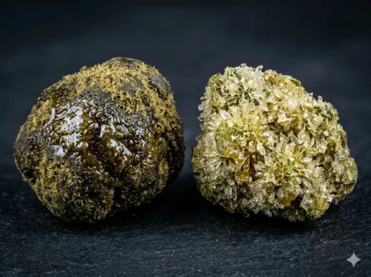 OG Kush Los Angeles moonrock vs sunrock comparison — oil coated kief covered moonrock next to crystal covered sunrock close up