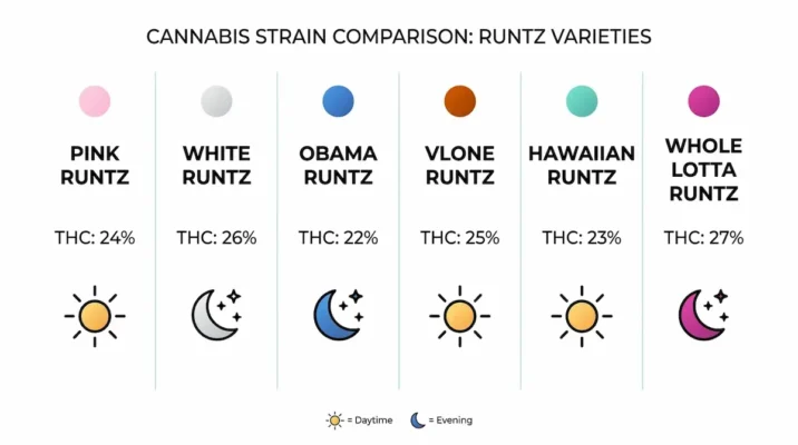 Pink Runtz delivery Los Angeles — Runtz strain comparison chart showing THC levels and best use times for Pink, White, Obama, Vlone, Hawaiian and Whole Lotta Runtz