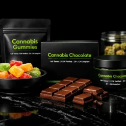 Premium cannabis edibles with gummies and chocolate on a black background with neon green accents
