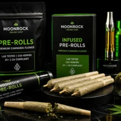Cannabis pre-rolls and infused joints on black background with neon green accents and premium packaging