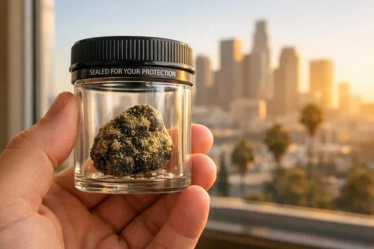 OG Kush Los Angeles — premium moonrock hybrid jar held up against downtown LA skyline at golden hour