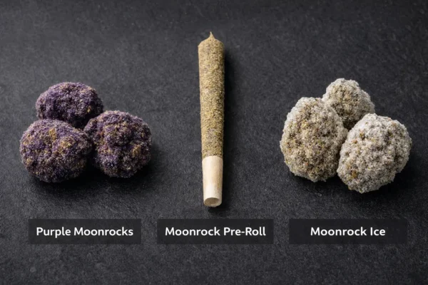 Purple moonrocks, moonrock pre-roll, and moonrock ice displayed side by side on dark background showing texture and potency differences
