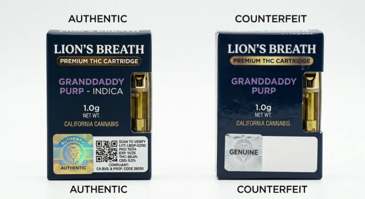 A side-by-side product comparison of two cannabis vape cartridge boxes on a bright white background. The box on the left, labeled "Authentic," features sharp, high-definition printing of the Lion's Breath logo, a reflective holographic security seal, and a clear QR code for lab results. The box on the right, labeled "Counterfeit," shows noticeably blurry logos, duller colors, and is missing both the holographic seal and compliance labels