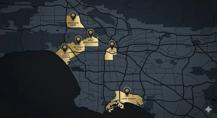 ame-day cannabis delivery Los Angeles neighborhoods map — Sherman Oaks, West Hollywood, Beverly Hills, Santa Monica, DTLA, Long Beach — Moonrock Online Shop