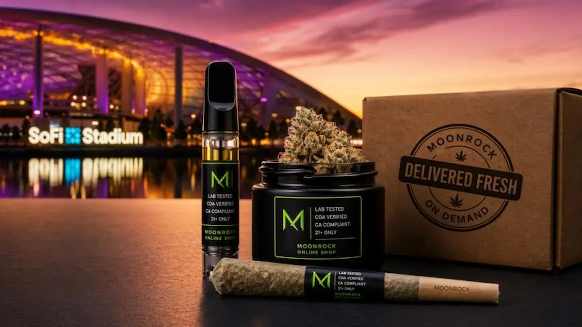 Same-day vape delivery Inglewood with lab-tested Moonrock Online Shop vape, cannabis flower, pre-roll, and discreet delivery box near SoFi Stadium.
