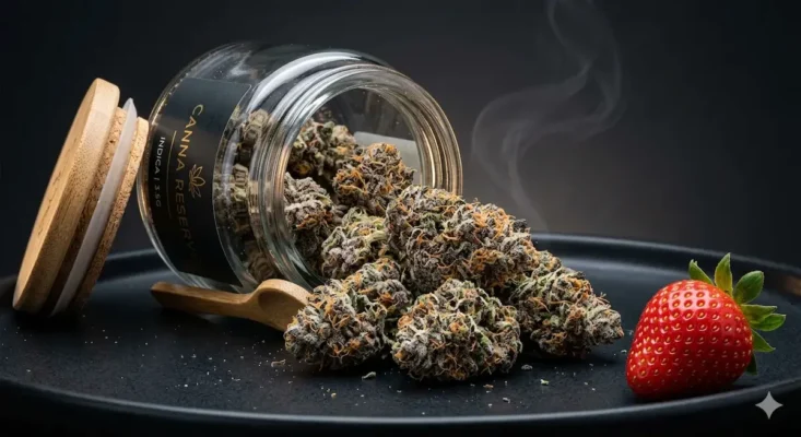 Strawberry Shortcake Jungleboys Los Angeles — dense purple indica buds spilling from premium jar with fresh strawberry on dark plate