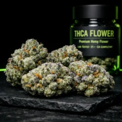 THCA flower buds with frosty trichomes on black background with neon green lighting