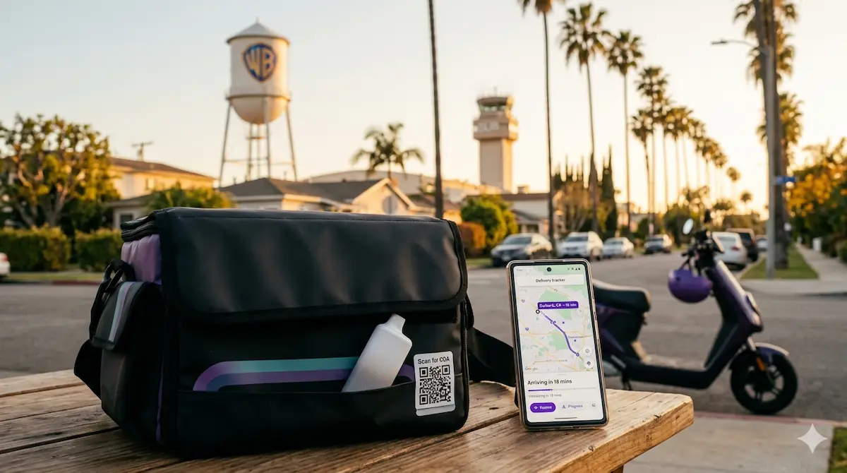 Sleek vape device and delivery bag in Burbank, CA with Warner Bros. water tower in the background – same-day COA-verified delivery