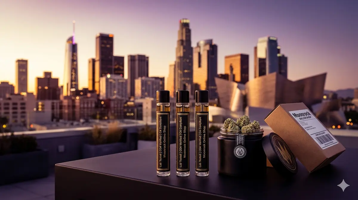 Vape delivery Downtown LA hero image showing three COA verified lab tested cannabis cartridges and premium flower jar with Downtown Los Angeles skyline at golden hour and same-day delivery package from Moonrock Online Shop CA compliant 21 plus only