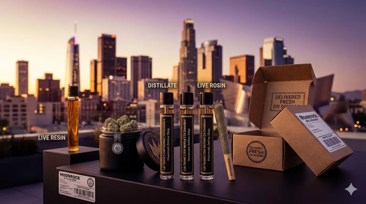 Vape delivery Hollywood hero showing live resin distillate and live rosin cannabis vape carts with lab tested COA verified CA compliant labels alongside open flower jar pre-roll and Moonrock delivery package with LA skyline at golden hour dusk