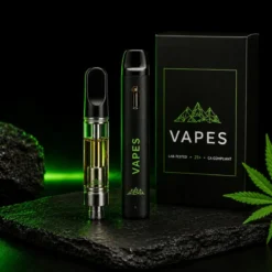 Premium cannabis vapes on black background with neon green lighting