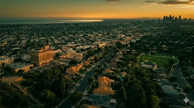 Weed delivery Culver City — aerial golden hour view across all 10 Culver City neighbourhoods including Downtown, Sony Pictures Studios and Veterans Memorial Park. Same-day cannabis delivery Culver City by Moonrock Online Shop. CA DCC Licensed. 21+ only.