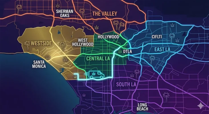Weed delivery Los Angeles neighborhoods map — Westside, Central LA, DTLA, East LA, South LA, The Valley, Sherman Oaks, West Hollywood, Santa Monica, Hollywood, Long Beach — Moonrock Online Shop coverage 2026