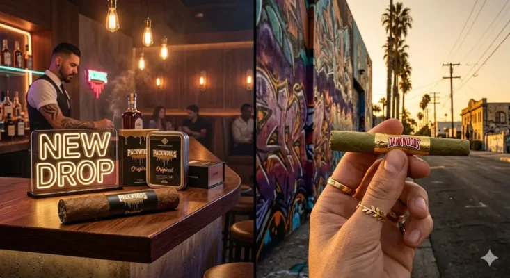 Split scene showing Packwoods in a modern lounge with neon "NEW DROP" sign (left) and Dankwoods on an LA street at sunset with a hand holding a gold-foil blunt against graffiti (right).