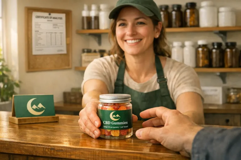 Budtender handing a jar of lab tested CBD gummies to a customer at a clean cannabis shop counter with a certificate of analysis on the wall