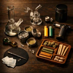 Complete cannabis accessories collection at Moonrock Online Shop including bongs, pipes, papers, grinders, lighters, and dab tools