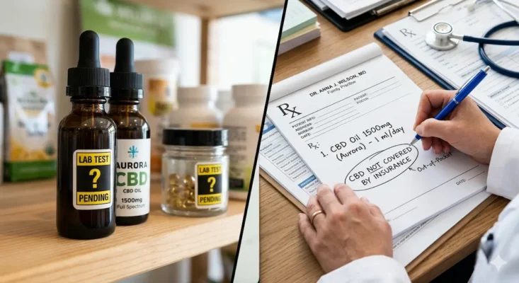 Split screen showing a CBD product with a lab test pending sticker on one side and a prescription pad saying CBD not covered on the other side