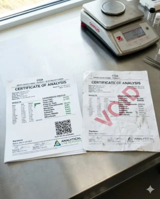 Two certificates of analysis side by side one complete with QR code and potency results the other smudged and missing data