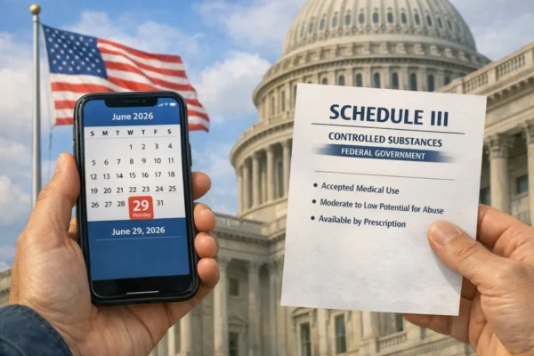 A smartphone showing a calendar date June 29 2026 and a Schedule III document in front of a federal government building with an American flag
