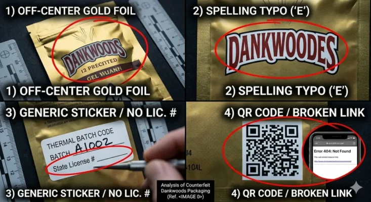 Collage of four fake Dankwoods packaging flaws: off-center foil, spelling typo, generic batch sticker with no license, and a dead QR code – each circled in red.